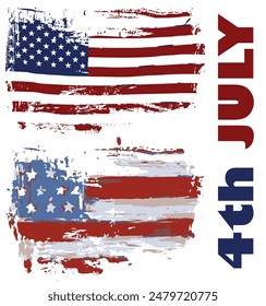 Two vecter illustrations of America flag in a grunge texture, 4th july typography, Independence day of USA. Perfect for the celebrations of Independence day posts, banners, flyers. Editable. EPS 10.