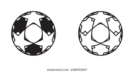 Two vector 3d black star contour sphere football champion competition balls on white background. Soccer symbols.