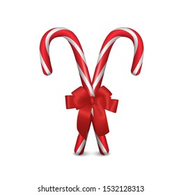 Two Vector 3d Realistic Christmas and New Year Candy Canes with Red Bow Closeup Isolated on White Background. Xmas Sweet. Template for Design, Greeting Card. Front View