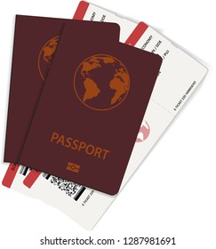 Two vector airline passenger and boarding pass tickets inside of international passports