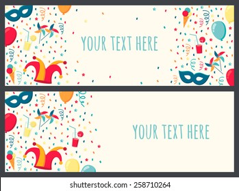 Two vector banners with confetti, ribbons, jester hat, mask and other party elements. Place for your text