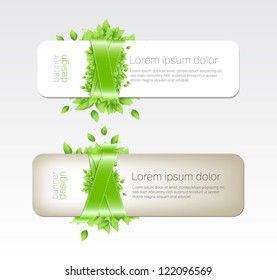 Two vector banners with fresh green leaves and green glossy satin ribbon