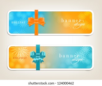 Two vector banners / stickers with bright colorful floral backgrounds and silky ribbon bow knots