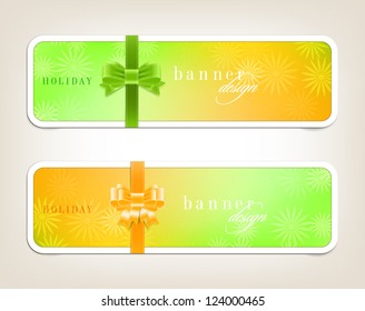 Two vector banners / stickers with bright colorful floral backgrounds and silky ribbon bow knots