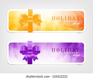 Two vector banners / stickers with bright colorful backgrounds and silky ribbon bow knots