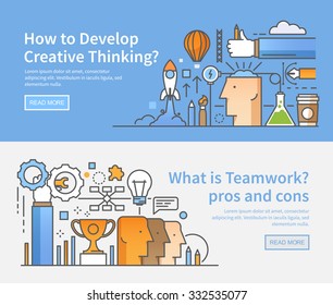 Two vector banners for your business. Linear modern flat style. Creativity in the work. Organization of working process. Management and control. Teamwork. Ideas, lateral thinking, success. Marketing.