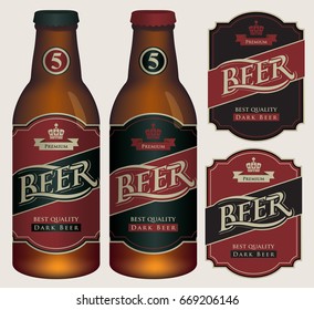 Two vector beer labels in retro style on black and red background. Templates labels for dark beer on glass bottles.