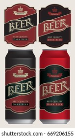 Two vector beer labels in retro style on black and red background. Templates labels for dark beer on beer cans.