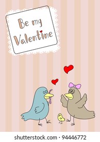 Two vector birds with hearts on the pink background