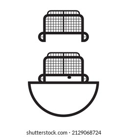 Two vector black icons of ice hockey gates and goal area with puck and net on white background. Winter game sport symbol.