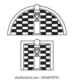 Two vector black line illustrations with champion trophy on pedestal and round square podium with rectangular wall on white background.