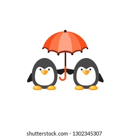 Two vector black penguins with an umbrella. Cute animals in love. Bright cartoon characters. Greeting card for the Saint Valentines Day. 