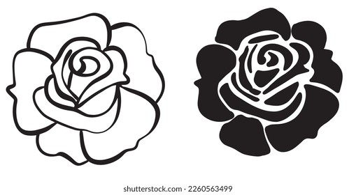 Two vector black silhouettes of rose flowers isolated on a white background.