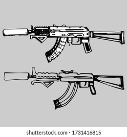 dos dibujos vectoriales de mano libre en blanco y negro de un rifle de asalto Kalashnikov acortado sobre un fondo gris claro. Un dibujo está más detallado con un respaldo blanco, el segundo está más estilizado