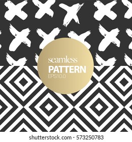 Two Vector Black and White Patterns for package, book and screen design. Brush Doodle and Geometric Pattern