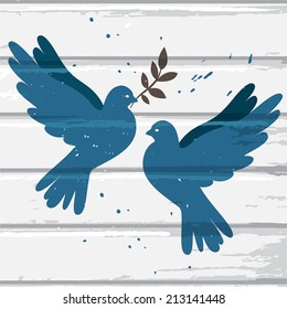 Two vector blue doves on white wood background, postcard for international peace day