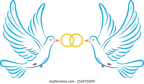 Two vector blue doves with wedding rings. Symbol of love and happiness. Birds of the wedding of the bride and groom.
