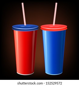 two vector blue and red paper cup cola with plastic straw soft packaging drink soda fast food