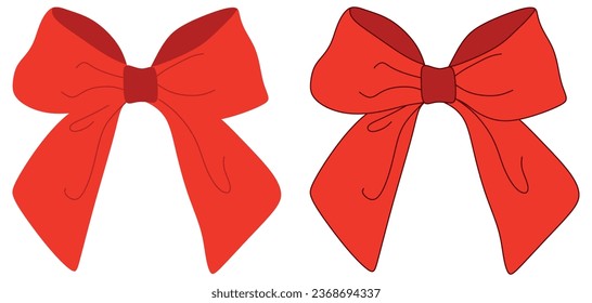 Two Vector bows Illustration. Isolated long red ribbon and big bow with two tails. Colorful satin stretching line. Holiday concept. New Year, Christmas banner. Cartoon style. Front view. Flat design.