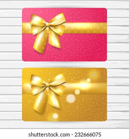 Two vector bright gift card templates, girly pink and gold color cards with shiny golden bow and  ribbon  