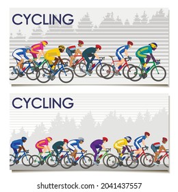 Two vector cards with colored riding cyclists on a striped forest background with inscriptions