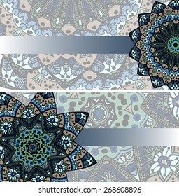 Two vector cards with green-blue ornament from indian mandalas in ethnic style