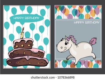 Two vector cards with the inscription "Happy birthday". On one painted a lot of colorful balloons and a little horse. On the second, chocolate cake.