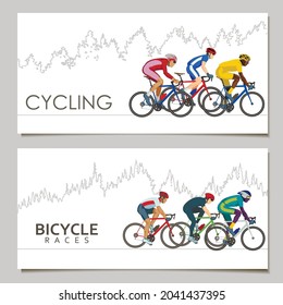 Two vector cards with riding cyclists on the background of the silhouette of the forest with the inscriptions