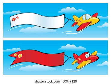 Two vector cartoon airplanes with banners in the sky.