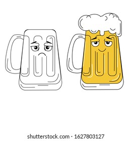 Two Vector Cartoon Beer Glass empty and full, sad and happy. Isolated On White Background. Print or Poster Design, web sites, printed materials for Octoberfast, Patric Day