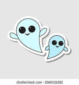 Two vector cartoon ghosts sticker. Halloween characters for decoration. Silhouette of two ghosts with big eyes.