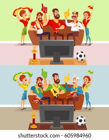 Two vector cartoon illustrations of a group of friends and family members of football fans watching a football match on TV