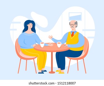 Two vector character having a conversation and sitting behind the table. Two people discussing sad news.   