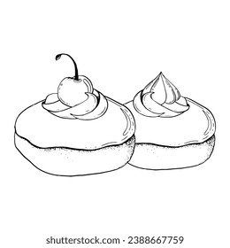 Two vector chocolate glazed donuts dessert with whipped cream, chocolate meringue and cherry hand drawn black and white graphic illustration for bakery or cafe