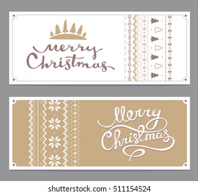 Two vector christmas stylized illustration with handwritten text merry christmas and knitting pattern on white, golden background. Hand draw design for web, site, banner, poster, print, greeting card
