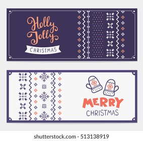 Two vector christmas stylized illustration with handwritten text merry christmas and knitting pattern on white and purple background. Hand draw design for web, site, banner, print, greeting card