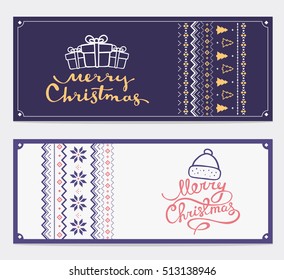 Two vector christmas stylized illustration with handwritten text merry christmas and knitting pattern on white and purple background. Hand draw design for web, site, banner, print, greeting card