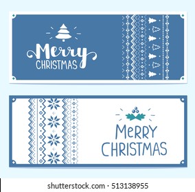 Two vector christmas stylized illustration with handwritten text merry christmas and knitting pattern on white and blue background. Hand draw design for web, site, banner, poster, print, greeting card