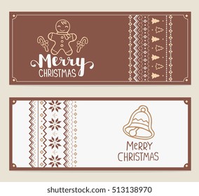 Two vector christmas stylized illustration with handwritten text merry christmas and knitting pattern on white and brown background. Hand draw design for web, site, banner, print, greeting card