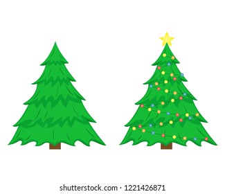 Two vector Christmas trees. Christmas tree before decorating and after with Christmas decorations. Flat isolated illustration.
