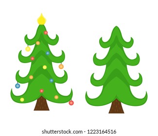 Two vector Christmas trees. Christmas tree before decorating and after with Christmas decorations. Flat isolated illustration.