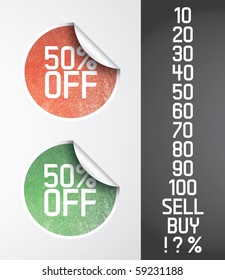 Two vector circle stickers with grunge effect and different shadow style. Grunge effect is fully editable (opacity mask).