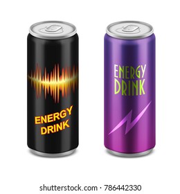 Two vector closed aluminum cans in black and purple color with a picture of lightning, a charge isolated on a white background. Set of illustrations, mock up brand design.