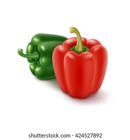 Two Vector Colored Green and Red Sweet Bulgarian Bell Peppers, Paprika Isolated on White Background