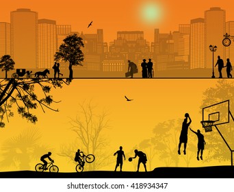 Two vector designs with people playing in the city park on sunset