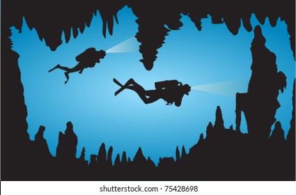 Two vector Diver Exploring Coral Cave