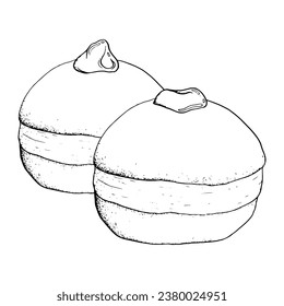 Two vector donuts for Jewish Hanukkah holiday black and white simple illustration. Hand drawn sufganiyot doughnuts with strawberry jam and jelly