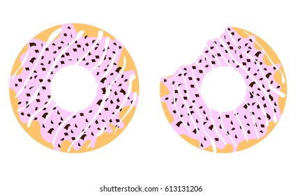 two vector donuts with pink icing and chocolate crumbs