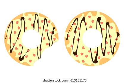 two vector donuts with yellow icing, chocolate topping and sprinkles of hearts 