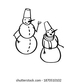 Two Vector doodle snowmen isolated on white background. Holiday black and white illustration. EPS 8